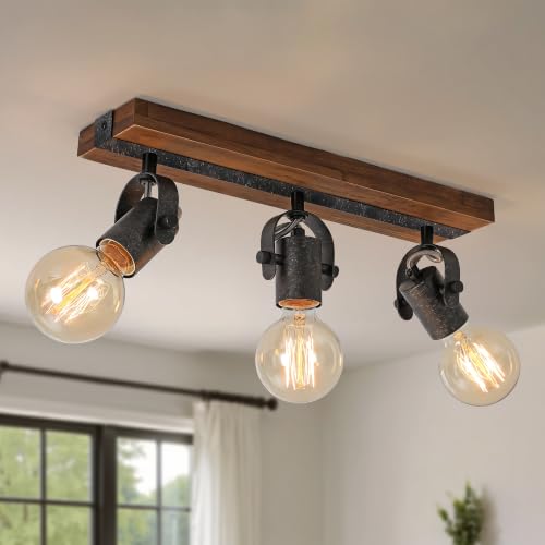 Image of 3-Light Track Lighting Fixture with Solid Wood Base, Industrial Open Cage Ceiling Lights, Adjustable Exposed Bulb Light, Farmhouse Black Metal Track Light for Kitchen Dining Room, E26 Base