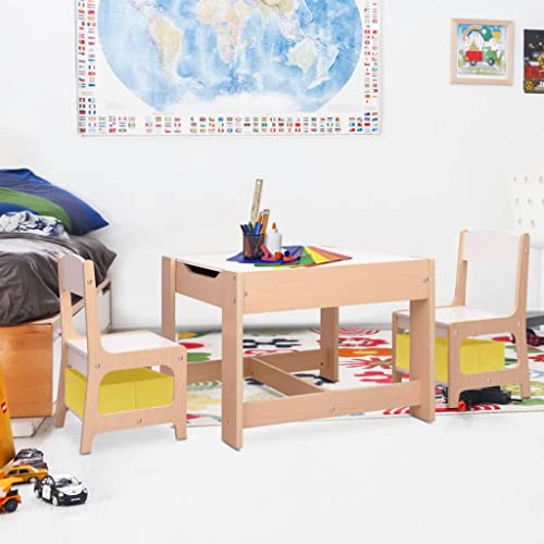 Kaloriko Mesa infantil y 2 sillas MDF con pizarra blanca extraíble y pizarra de tiza de 62 x 62 x 48 cm, juego de muebles para niños y manualidades, ahorra espacio y es seguro para niños y niñas