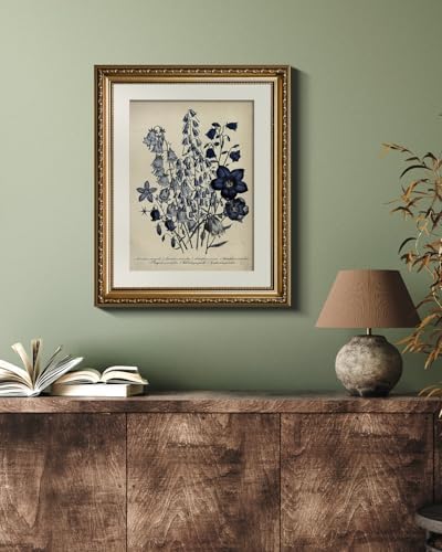 VIYYIEA Gold Framed Botanical Wall Art Decor, Blue Flower Campanula Pictures Prints, Living Room Bedroom Coastal Room Blue Floral Summer Decor, Vintage Retro Farmhouse Canvas Paintings,13x16 Inch