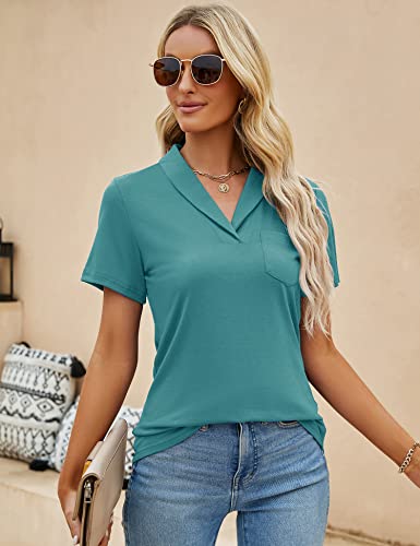 Zhenwei Womens Polo T Shirts Short Sleeve V Neck Summer Basic Tops Fashion 2023 Casual Collared Blouse Teal Xxl #TOP2