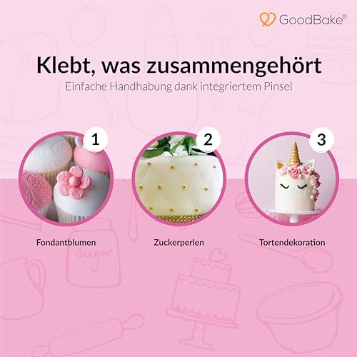 GoodBake essbarer Superkleber (OHNE Gelatine) zum Dekorieren von Torten, Fondant, Motivtorten, Blumen, Kleber für Lebensmittel (60g), Zuckerkleber