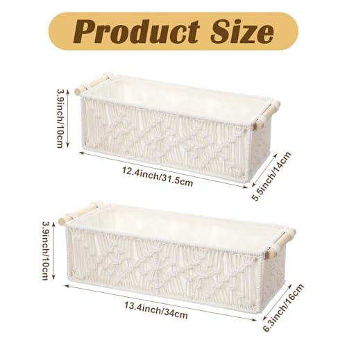 Macrame Storage Baskets Boho Decor Gift Box Woven Toilet Paper Basket with Wood Handles Home Decorative Baskets for Organizing on Shelf Cabinet Countertop Livingroom - Set of 2 - Image 2