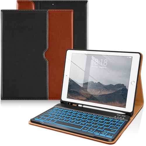 Image of DTTO for iPad 9th /8th /7th Generation 10.2 inch Case 2021 /2020 /2019 with Keyboard, 7 Colors Backlit Wireless Detachable Keyboard Premium Leather Folio Cover with Pencil Holder & Pocket, Black Brown