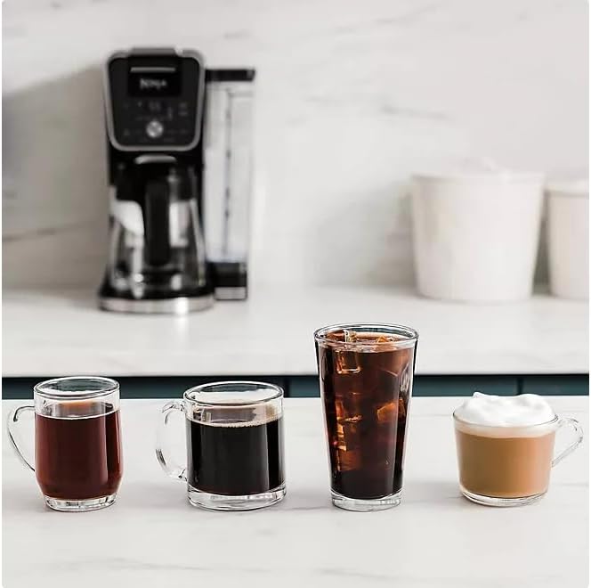 Four different coffee beverages, including black coffee, iced coffee, and a latte, demonstrating the versatility of the Ninja DualBrew PRO XL.