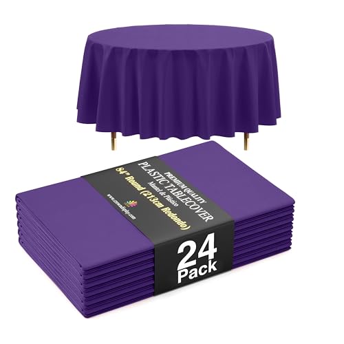 Image of Exquisite 66% Thicker Premium Purple Round Tablecloth 0.5 Mil 24 Pack Plastic Table Cloth Disposable 84 Inch Round Plastic Tablecloth Won't Tear Easily Like Cheap Thin Brands