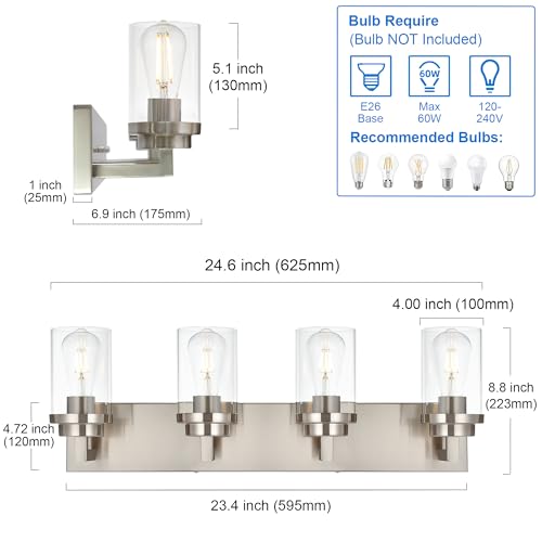 Image of MELUCEE 4 Lights Vanity Light Brushed Nickel Modern Bathroom Lighting Fixtures Over Mirror with Clear Glass Shade, Industrial Wall Lights for Mirror Cabinet Kitchen
