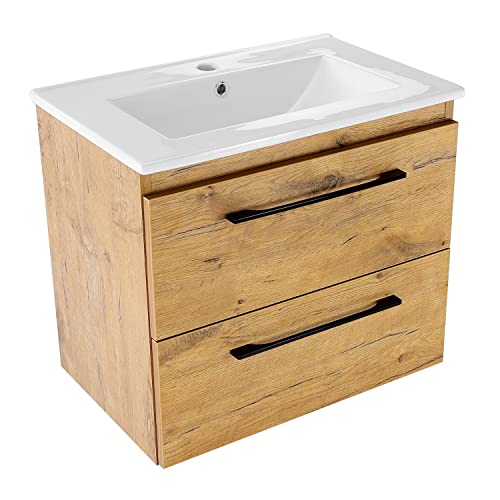 Preisvergleich Produktbild paplinskimoebel badezimmermöbel GIRONA60 Set unterschrank + waschbecken, badschrank Einbau-Waschbecken aus Keramik, 60 x 39 x 55 cm, hängeschrank mit Soft-Close-System (Eichenoptik-Keramik)