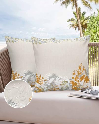 OComster Outdoor Pillow Covers Waterproof, Boho Bell Flowers Throw Pillowcase Decorative Cover, Farmhouse Botanical Floral Garden Cushion Case Set of 2 for Sofa, Couch, Tent, Patio 18