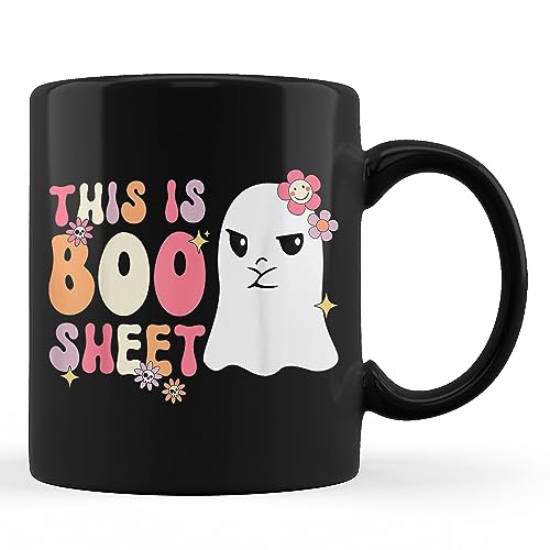 HALAMYZZ Retro Groovy Cute Ghost Spooky Halloween This Is Boo Sheet Black Coffee Mug 325 ml