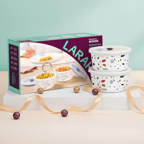 Image of Larah by BOROSIL Confetti 2 Pcs Storage Bowl, 400 ml Each, Opal Glass Storage Container with Air Tight Lid | Microwave & Dishwasher Safe