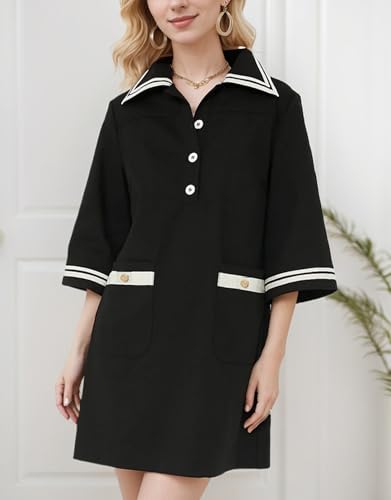 Image of Kedera Women Short Sleeves Button Shift Dress V Neck Summer Tshirt Dress with Pockets
