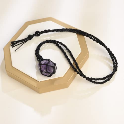 Anjiucc Natural Gemstone Crystal Raw Amethyst Pendant Necklace Stone Holder Necklace Cord Hand-Woven Necklace With Adjustable Length For Women Men #TOP3