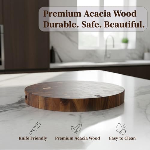 Tabla de Cortar Redonda de Acacia de Grano Final, 30 cm x 30 cm x 3,8 cm, Tabla para Carnes, Quesos y Preparación de Cocina, Madera Maciza Dura, Amigable con Cuchillos, Tabla para Servir No Tóxica de NEW M WAY TEAK WOOD miniatura 3
