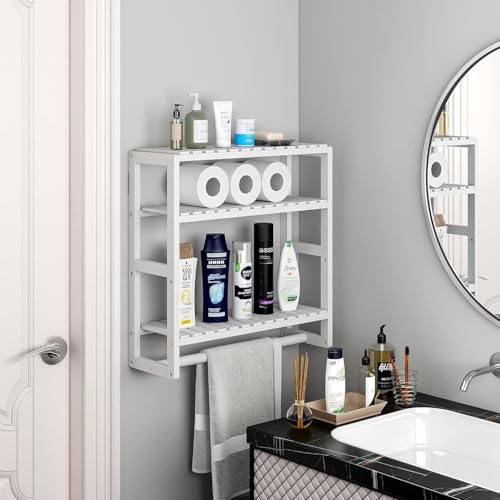 Fohouse Over The Toilet Storage Bathroom Shelves – Wall-Mounted Storage Rack for Bathroom, Space-Saving Organiser w/Hanging Rod, Adjustable Layer Free Standing Utility Shelves for Living Room Kitchen