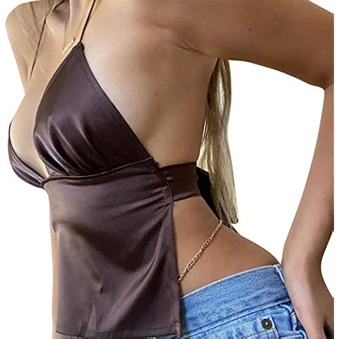Pivanzore Women's Y2K Lace Cami Tank Top Sexy Spaghetti Strap Crop Camisole Backless Bustier 2024 Summer Going Out Tops Brown Cover