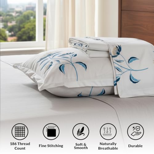 Image of HOMEMONDE Queen Size Bedsheet | Cotton Flat Sheet with Two Pillow Covers | 186 TC |Floral Design|Soft & Breathable Bed Sheet for Queen Size Bed (90 x 100 Inch /229 x 254 cm, Turquoise & Blue)