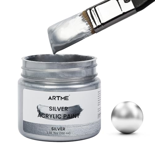 Artme Metallic Silver Acrylic Paint 100ml Silver Paint for Art Hand-crafts Non-Toxic Non-Fading Ideal for Canvas Wood Fabric Ceramic Stone Craft Supplies