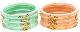 Swara Creations Traditional Glass Kada Bangles Set for women & girls Glossy Bangles Gemstone stone work Red Green Yellow Pink multicolor glass Kade