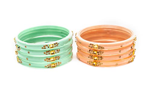 Swara Creations Traditional Glass Kada Bangles Set for women & girls Glossy Bangles Gemstone stone work Red Green Yellow Pink multicolor glass Kade