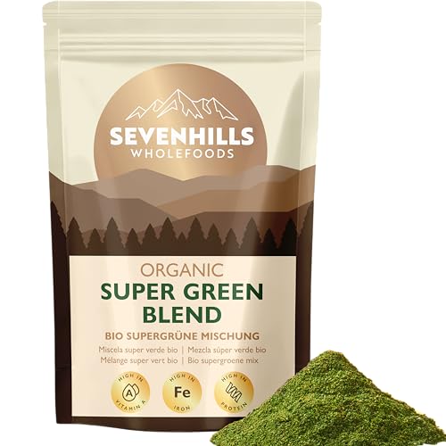Sevenhills Wholefoods Bio-Super-Greens-Mischung mit Spirulina, Chlorella, Weizengras, Gerstengras | Unterstützt die Immunität der Haut | 400g, 80 Portionen | Grünes Superfood-Pulver