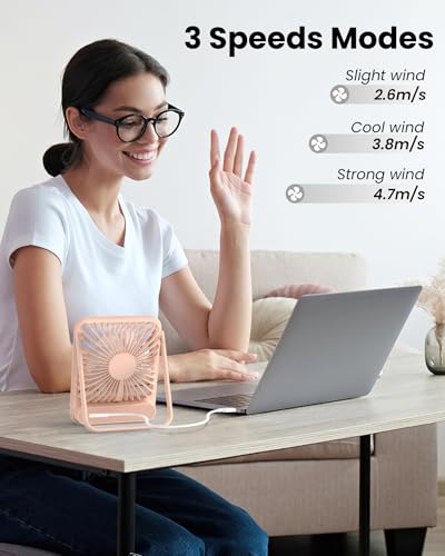 Image of Koonie USB Desk Fan, Strong Wind Ultra Quiet Small Mini Fan | 180 Tilt Folding & 3 Speeds Adjustable, USB-C Corded Powered Personal Fan for Office Desktop Bedroom, Pink, NO BATTERY