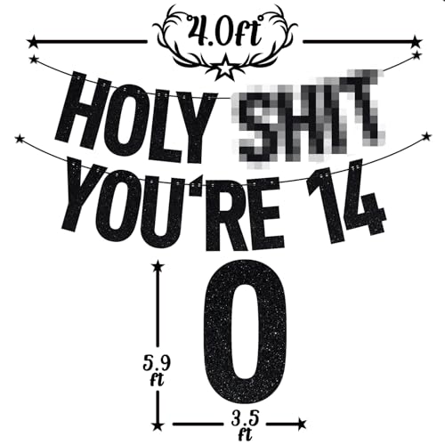 Image of Black Glitter Holy Shit You're 14 Banner, Happy 14th Birthday /Level 14 Unlocked, Funny 14th Birthday Party Decorations Supplies