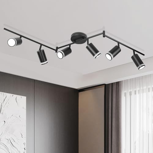 CANMEIJIA 6 Light Black Track Lighting Kit - LED Track Lighting Fixtures Ceiling, Modern Semi Flush Mount Ceiling Light for Kitchen, Bedroom, Living Room, Hallway