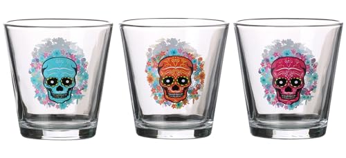 WESTCRAFT Verre | Verres à eau en forme de tête de mort mexicain | Verres à cocktail style graffiti | Parfaits pour la table, différentes tailles (lot de 3...