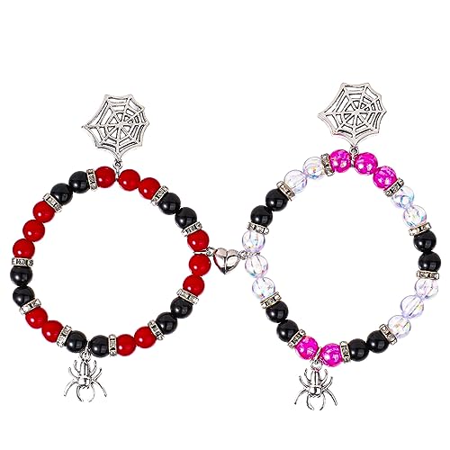TOYMIS 2 pulseiras de amizade de aranha, pulseiras magnéticas combinando com contas de pedra energética, pulseiras elásticas com pingente de aranha para casal, Halloween, Dia dos Namorados, Natal,