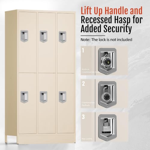 Image of BUTISOW 6 Door Metal Storage Locker for Employees, Heavy Duty Steel School | Locker with Lift Up Handle & Recessed Hasp, Gym Office Lockers with Adjustable Shelves & Hooks, Beige