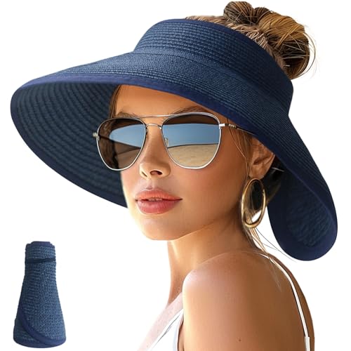 Image of NPJY Sun Hats for Women Wide Brim Roll-Up Beach Ponytail Hat Packable Foldable Travel Straw Visor