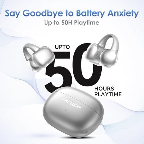 Image of King Lucky Open Ear Earbuds Clip-On Bluetooth 6.0 Wireless Headphones with Mic, 50H Playtime, ENC Clear Calls, IPX5 Waterproof, Comfortable for Small Ears Sports Gaming (Moonlight Silver, Standard)