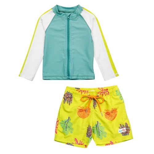 Image of SwimZip Boys' Long Sleeve Rash Guard & Swim Shorts Set - UPF 50+ Sun Protection Coral