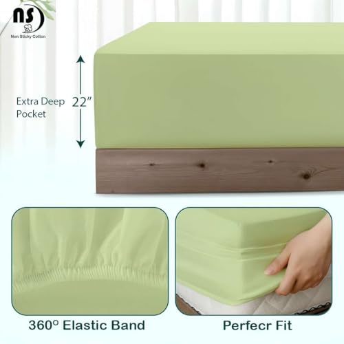 Image of NON Sticky cotton Premium 4 Piece Egyptian Cotton Fitted Queen Sheet Set, Hotel Quality Soft Breathable Bedding Sheets, 18 inch Deep Pocket, 60 inch X 80 inch, Sage Solid