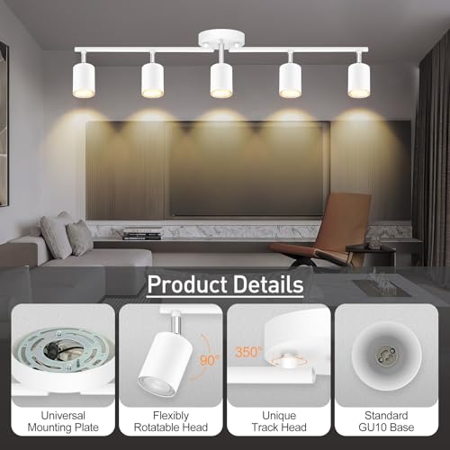 Track Lighting, LED Track Lighting Fixtures Ceiling, White Kitchen Lights for Bedroom, 30" Ceiling Spotlight Kit, 5 Light Wall Light with Rotatable Heads, Kitchen Decor(GU10 Socket, NO Bulb)