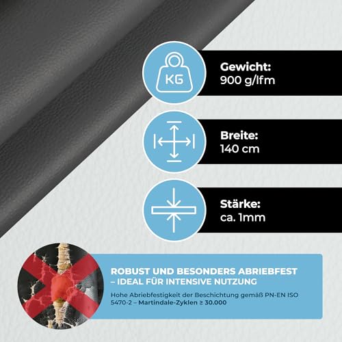 Fabreco - KUNSTLEDER Schwarz Meterware (1M x 140cm) – Lederimitat in Lederoptik - Bezugsstoff Meterware für Möbelstoffe - Stoffe für Stühle Beziehen - Polsterstoff, Polsterbezug & Möbelstoff (Schwarz)