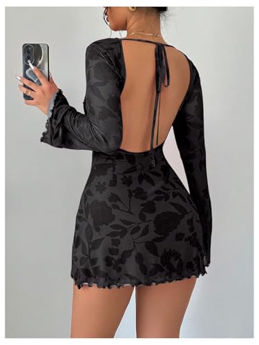 MakeMeChic Women's Floral Print Long Sleeve Mini Dress Mesh Backless Y2k Going Out Dresses3