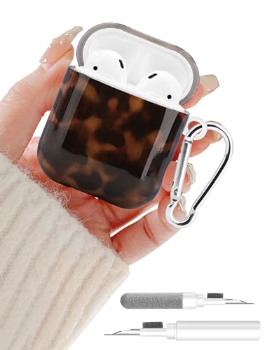Aitipy Compatible with Airpods 2nd 1st Generation Case Cute Brown Tortoise Shell Aesthetic Design with Carabiner Soft TPU Skin Anti-Scratch Shockproof Protective Cover for Women Girls