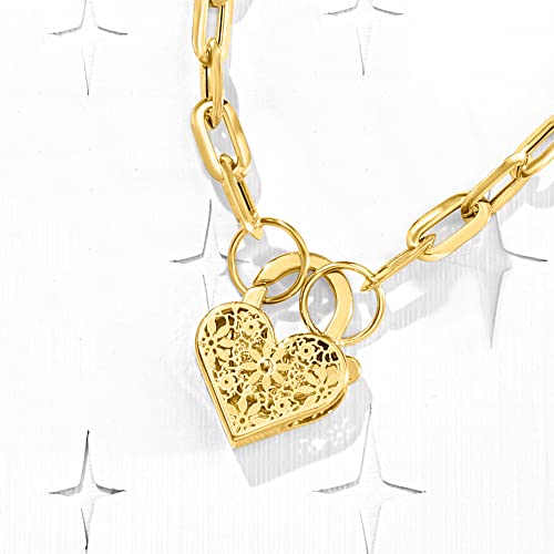 Ross-Simons Italian 14kt Yellow Gold Floral Embroidery Heart Lock Paper Clip Link Necklace3