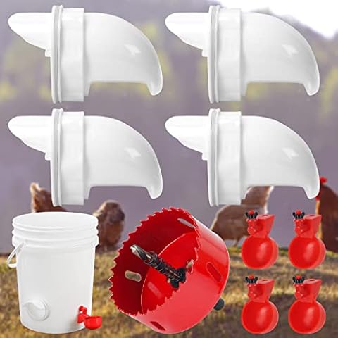 UNAOIWN Chicken Feeders and Waterers Kit, DIY Poultry Feeder Port No Waste Gravity Feed Kit for Buckets, Barrels, Bins Tub Cover