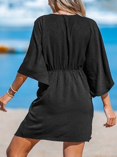 Image of CUPSHE Womens Vacation Mini Summer Dress V Neck Kimono Sleeve Belted Flowy Loose Resort Wear Casual Beach Cover Up Dress