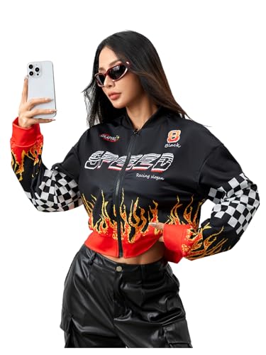 Floerns Women's Letter Racing Motorcycle Coat Drop Shoulder Bomber Jacket Outerwear