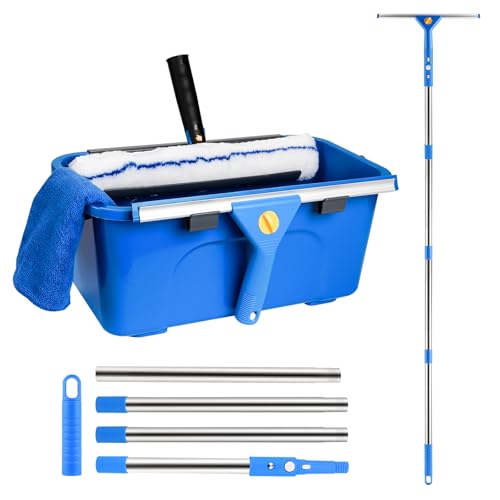 Kit de nettoyage pour vitres avec étagère - Seau de nettoyage compact (11 litres), raclette en silicone et éponge à récurer en microfibre - Convient pour...
