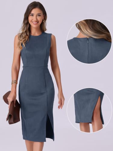 Image of Allegra K Faux Suede Dresses for Women's Sleeveless Crewneck Split Hem Work Office Sheath Dress