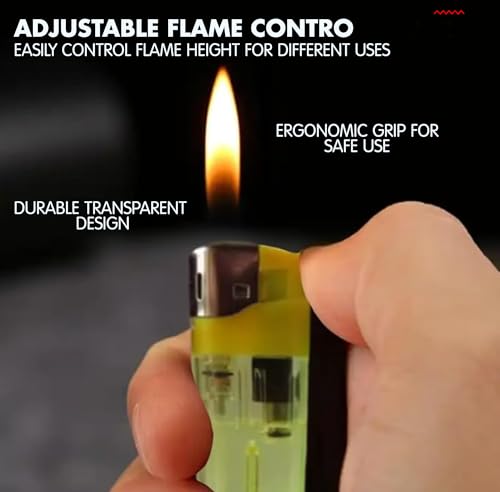 Multicolour Electronic Lighters, Refillable & Child Safe with Adjustable Flame, Transparent & Long-lasting, Ideal for BBQ, Camping & Kitchen (Pack of 10)