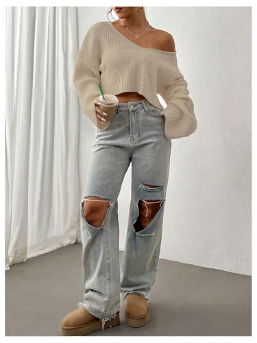 Image of Floerns Women's Long Sleeve Cropped Fall Pullover V Neck Drop Shoulder Rib Knit Sweaters Top