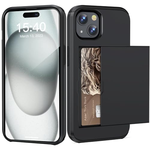 ACOCOBUY Custodia per iPhone 15 con Porta Carte di Credito Tasca Nascosta Porta Carte di Credito Resistente agli urti Custodia Protettiva a Doppio Strato Cover Posteriore per Uomo e Donna, 6,1' Nero