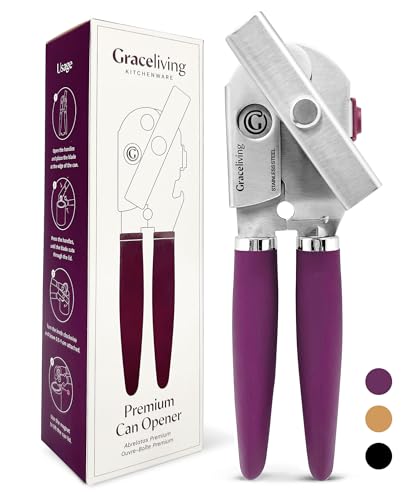 Graceliving Premium Multifunction Magnetic Manual Can Opener and Bottle Opener, Heavy Duty Stainless Steel Sharp Cutting Blade and Oversized Easy Turn Knob, Soft-Touch Handle, Kitchen Use, Mauve