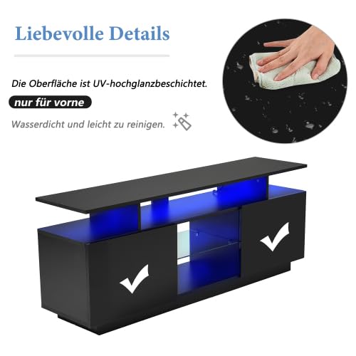 Merax Schwarzer TV-Schrank mit LED-Beleuchtung – 140 cm, Hochglanz-Design für 60-Zoll-Fernseher, App-gesteuerte RGB-Lichter, 2 Schranktüren & 5 offene Fächer – TV Board für Wohnzimmer & Schlafzimmer