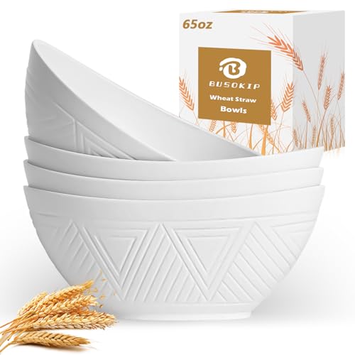 BUSOKIP 65 OZ Big Bowl Set - Wheat Straw Bowls Unbreakable Salad Bowls Set of 4, Plastic Bowl Reusable for Kitchen, Camping, Party, Popcorn, Microwave & Dishwasher Safe Bowl (White) by BUSOKIP - Used condition - US$20.71